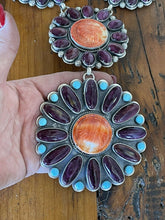 Load image into Gallery viewer, Stunning Navajo Sterling Indian Chief Orange &amp; Purple Spiny Turquoise Necklace