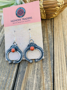 Navajo Coral & Sterling Silver Naja Cross Dangle Earrings By Kevin Billah