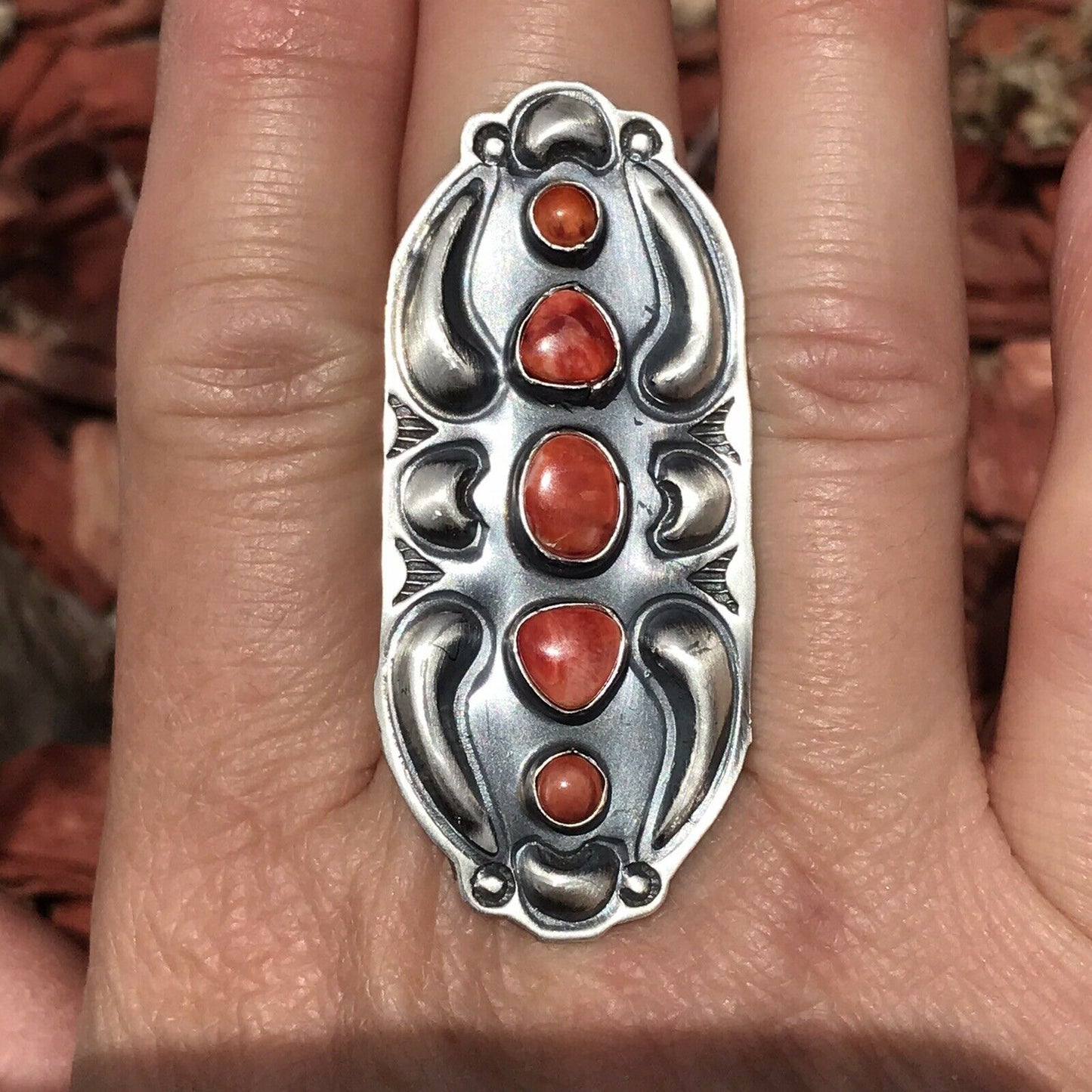 Navajo Sterling Silver Orange Spiny Oyster 5 Stone Ring