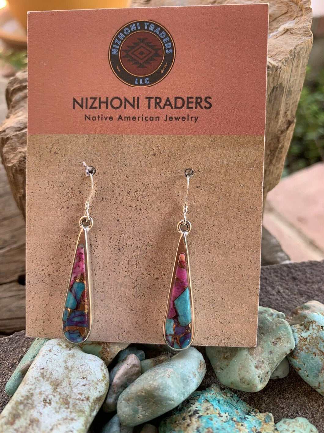 Navajo Pink Dream Mohave & Sterling Silver Rain Drop Dangle Earrings