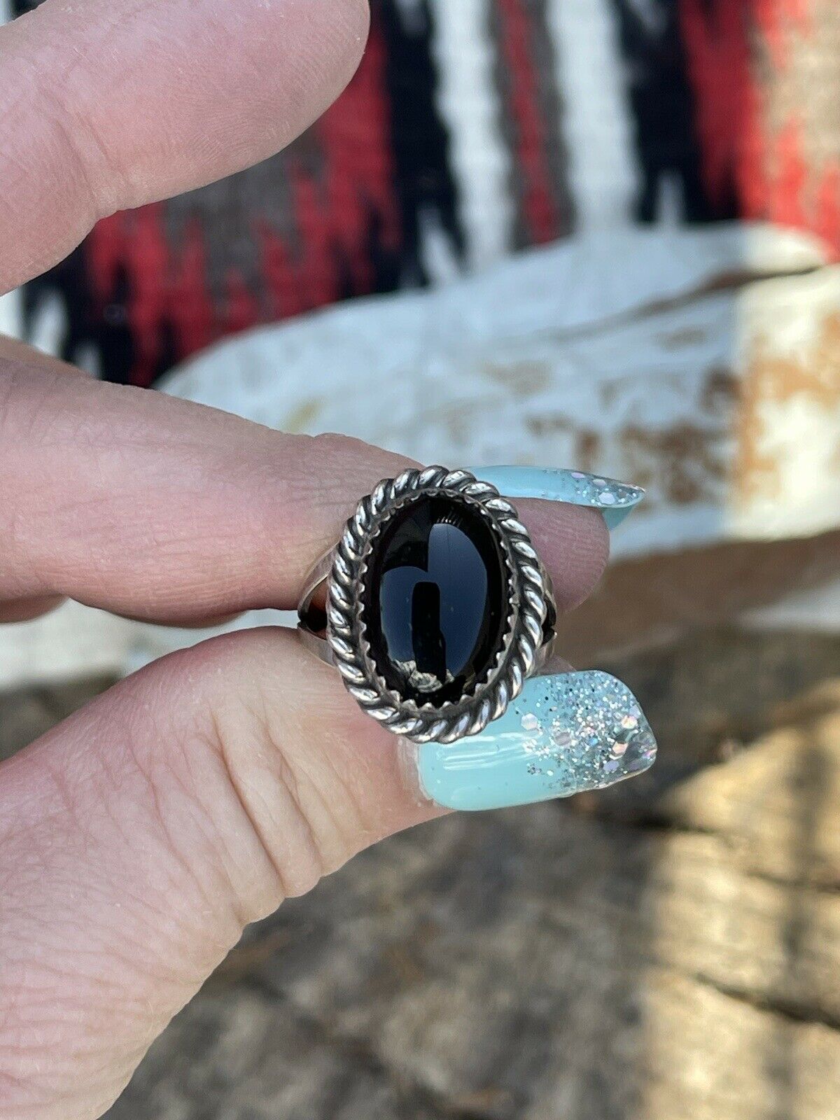 Navajo Sterling Silver Black Onyx Rope Style Ring