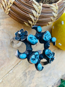 Navajo Sterling Cuff & Kingman Turquoise Flower Cuff Bracelet By Chimney Butte