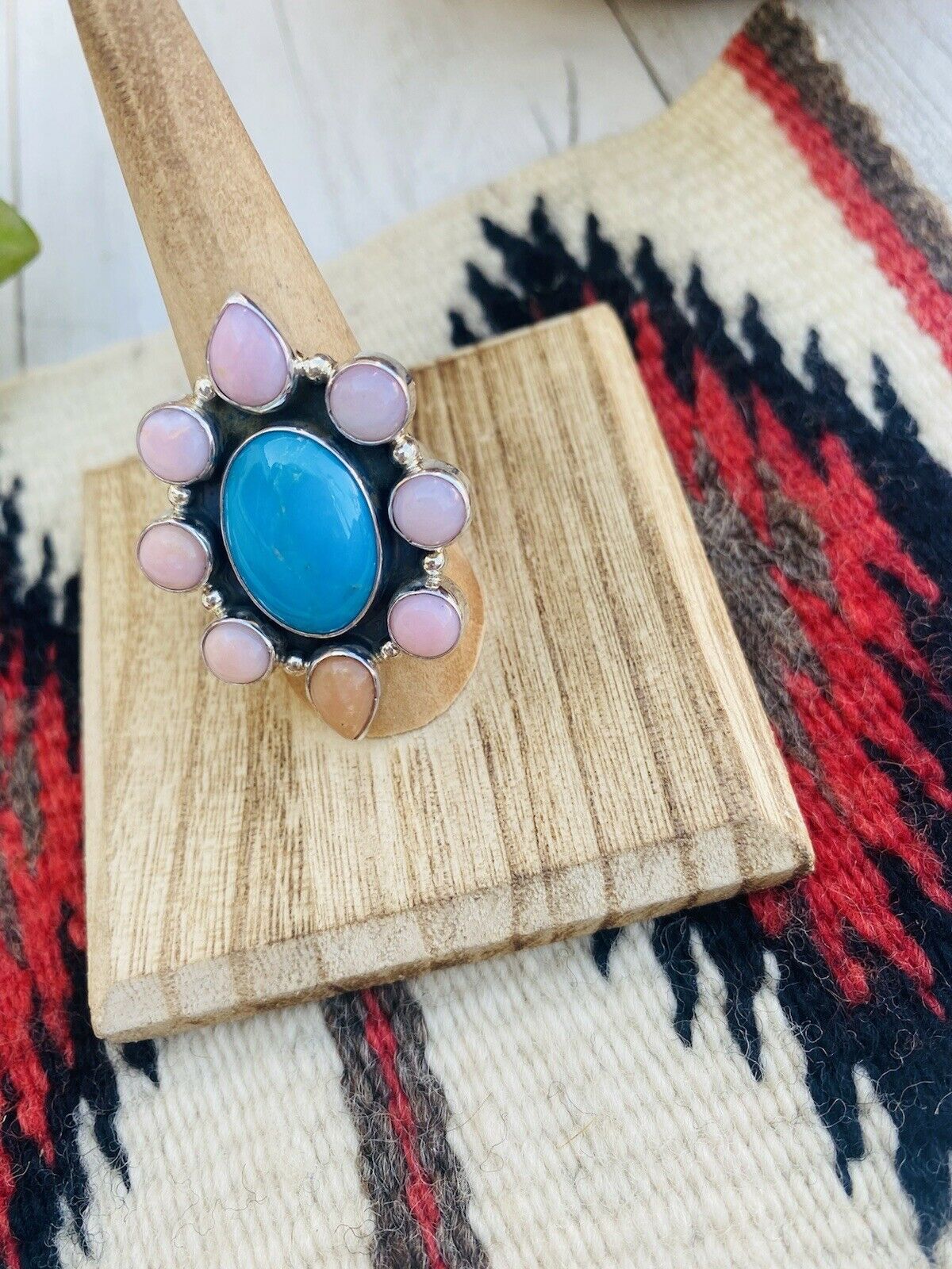 Navajo Rhodochrosite, Turquoise & Sterling Silver Cluster Ring Size 8.5