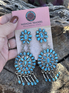 Stunning Navajo Sleeping Beauty Turquoise Sterling Cluster Dangle Earrings Artist LMB