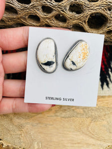Navajo White Buffalo And Sterling Silver Post Earrings Signed