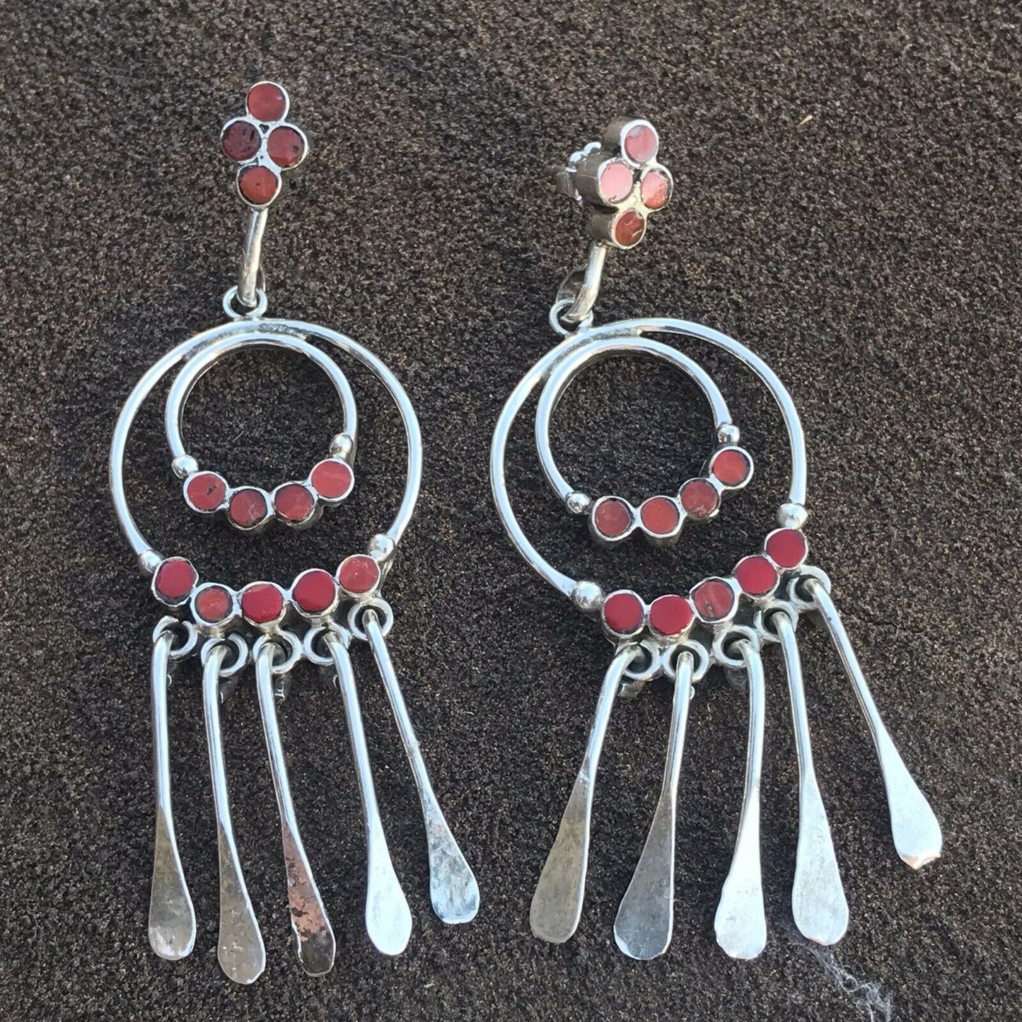 Vintage Navajo Sterling Silver Natural Red Coral Dangle Earrings