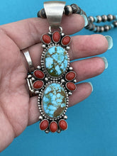 Load image into Gallery viewer, Navajo Sterling Kingman Web Turquoise &amp; Red Coral Taos Pendant Bea Tom