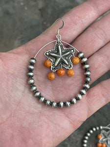 Navajo Sterling Silver Bead Orange Spiny Texas Hoop Earrings