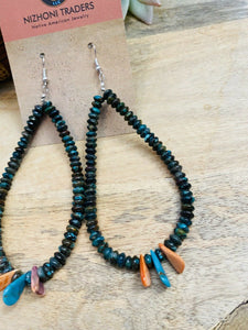 Navajo Turquoise & Spiny Oyster Beaded Dangle Hoop Earrings