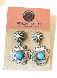 Navajo Turquoise & Sterling Silver Concho Cross Dangle Earrings
