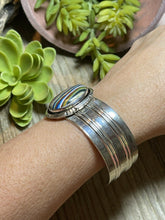 Load image into Gallery viewer, Unique Navajo Sterling Silver &amp; Rainbow Stone Signed Cuff Bracelet