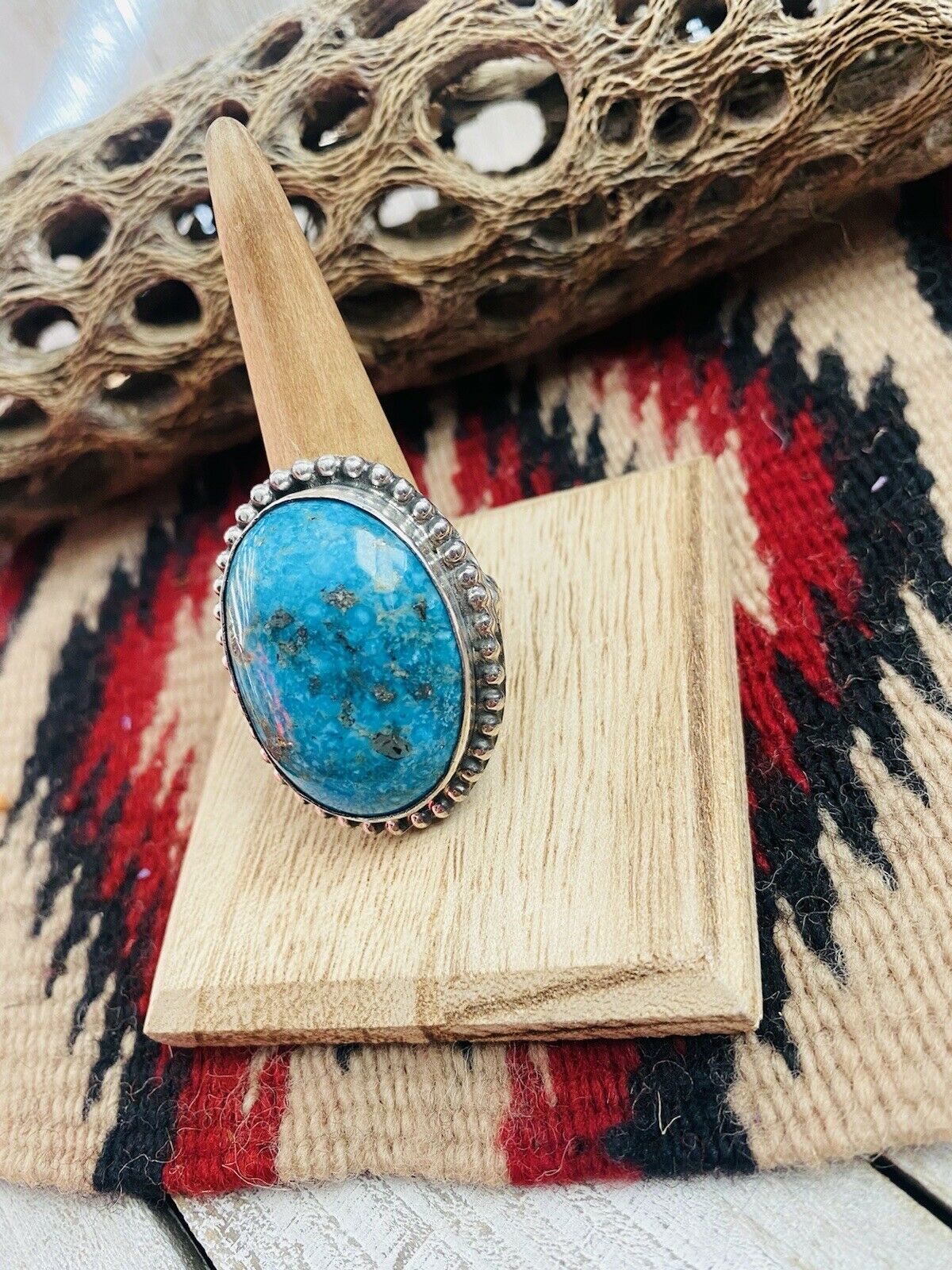 Navajo Kingman Turquoise & Sterling Silver Statement Ring Size 9 Signed