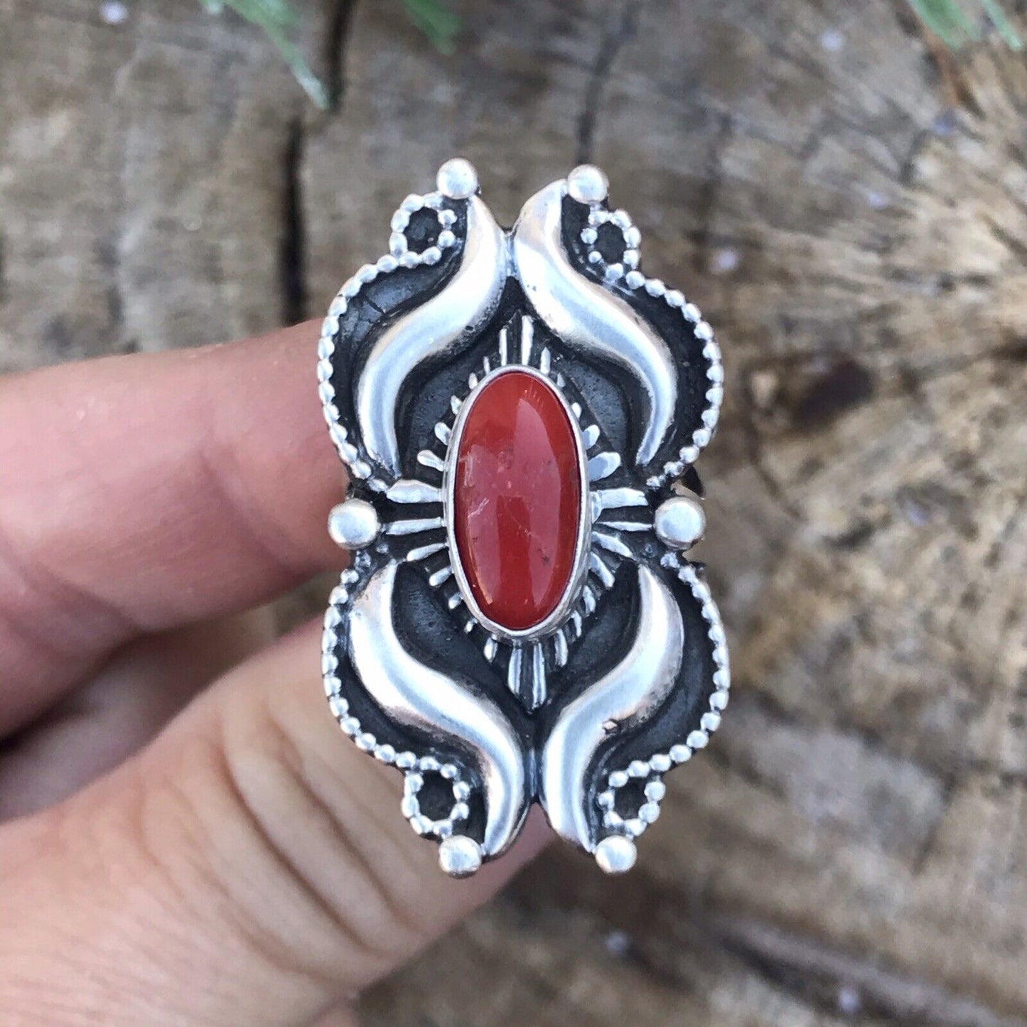 Navajo Sterling Silver Natural Red Coral Ring Artist L. James