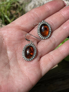 Navajo Sterling Silver and Bead Dot Style Amber Dangle Earrings