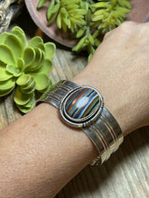 Load image into Gallery viewer, Unique Navajo Sterling Silver &amp; Rainbow Stone Signed Cuff Bracelet