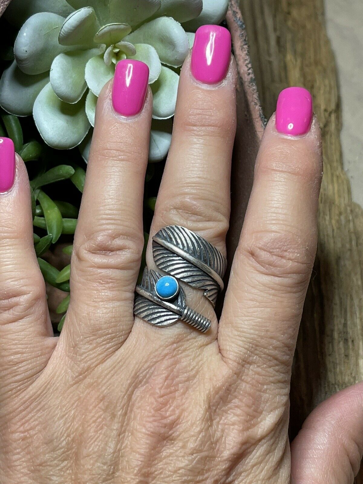 Navajo Sterling Silver & Turquoise Single Feather Adjustable Ring