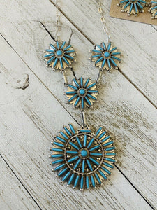 Zuni Sterling Silver & Turquoise Needlepoint  Necklace & Earring Set Signed