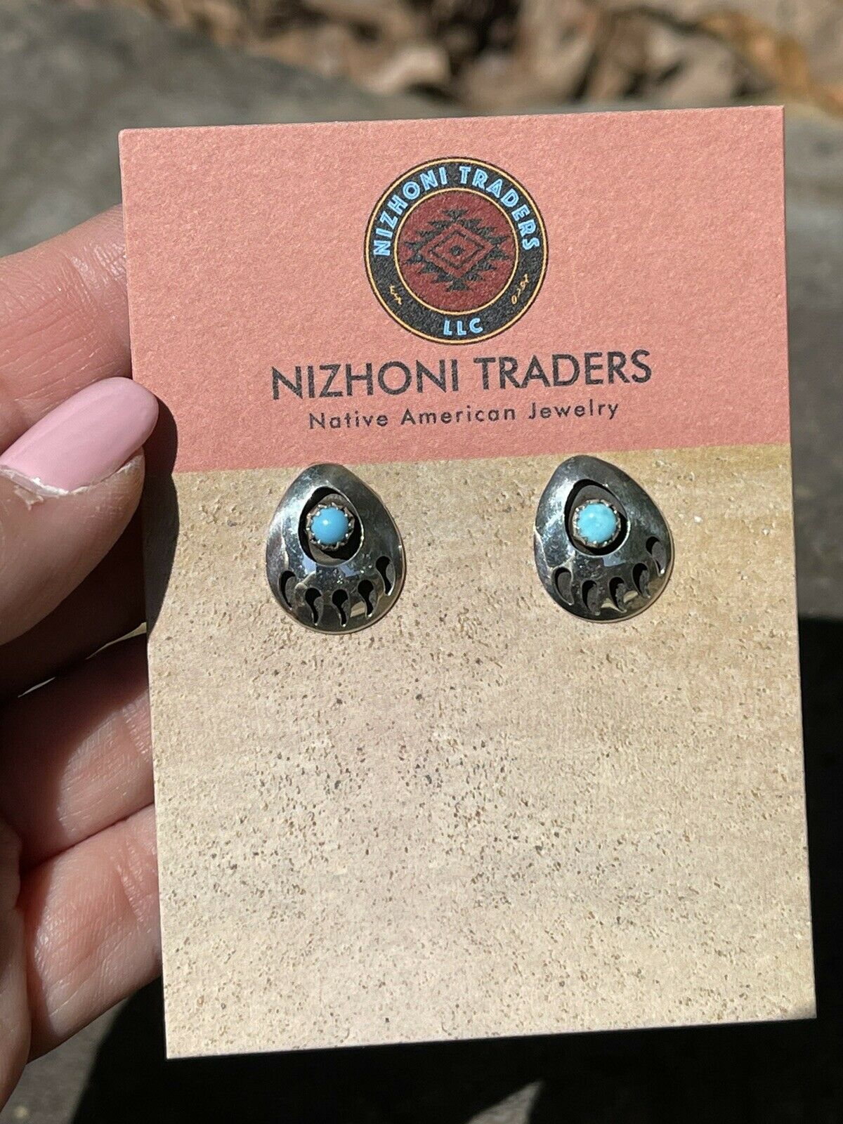 Navajo Sterling Silver And Turquoise Bear Paw Post Earrings