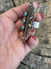 Load image into Gallery viewer, Navajo 3 Stone Turquoise &amp; Sterling Silver Concho Ring Adjustable Signed L.Tahe