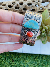 Load image into Gallery viewer, Vintage Navajo Turquoise, Coral &amp; Sterling Silver Cuff Bracelet By Sheila Tso