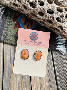 Navajo Orange Spiny & Sterling Silver Stud Earrings Signed