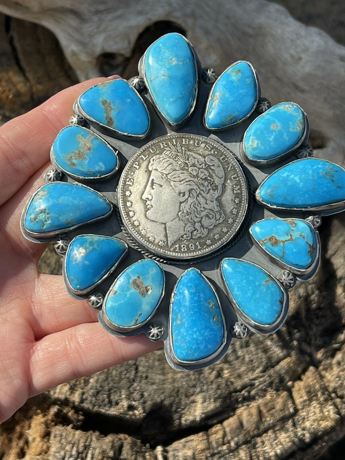 Gorgeous Navajo Sterling Silver Coin & Kingman Turquoise Bracelet Cuff