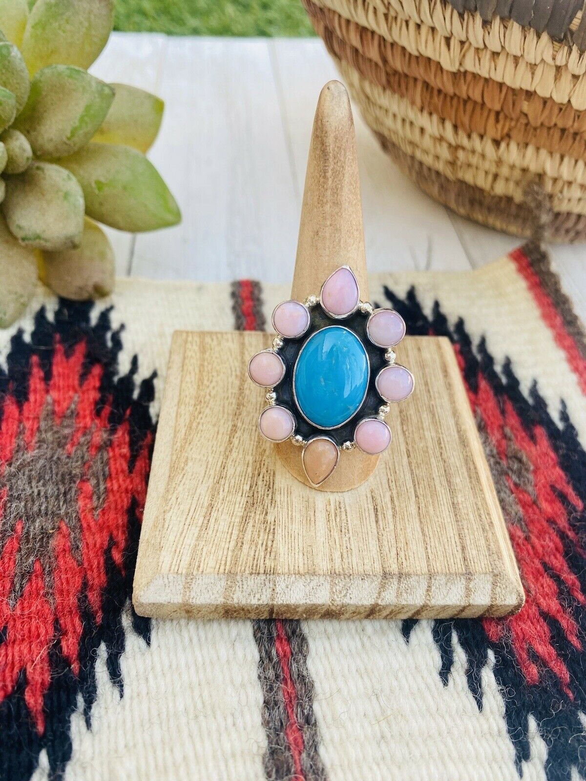 Navajo Rhodochrosite, Turquoise & Sterling Silver Cluster Ring Size 8.5