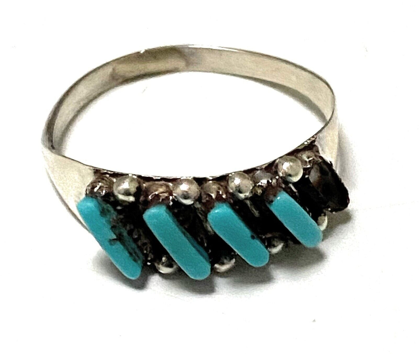 Zuni Sterling Silver & Turquoise 5 Stone Needlepoint Ring we