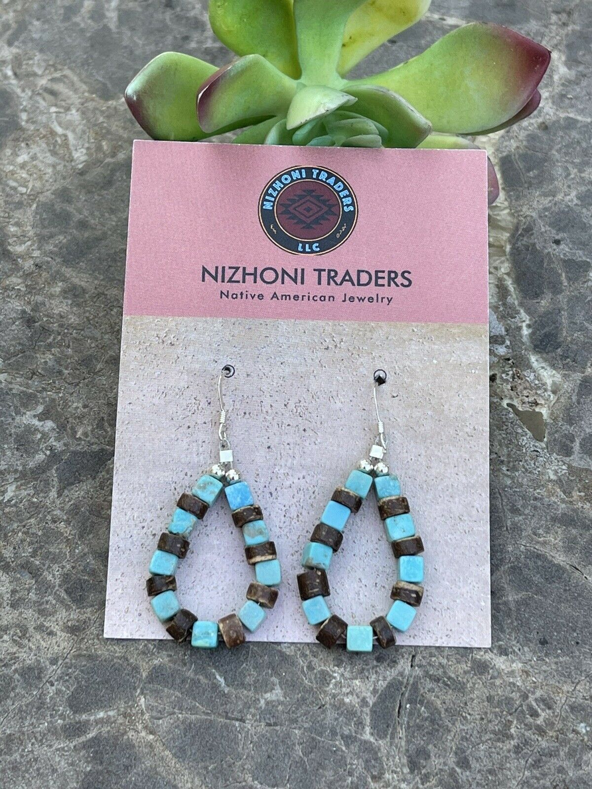 Navajo Turquoise & Jasper Sterling Silver Beaded Dangle Hoop Earrings