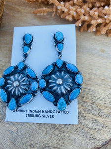 Navajo Morenci Turquoise & Sterling Silver Cluster Dangle Earrings Signed