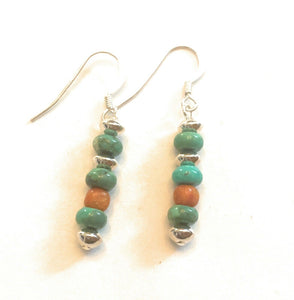 Navajo Sterling Silver, Turquoise & Coral Beaded Dangle Earrings