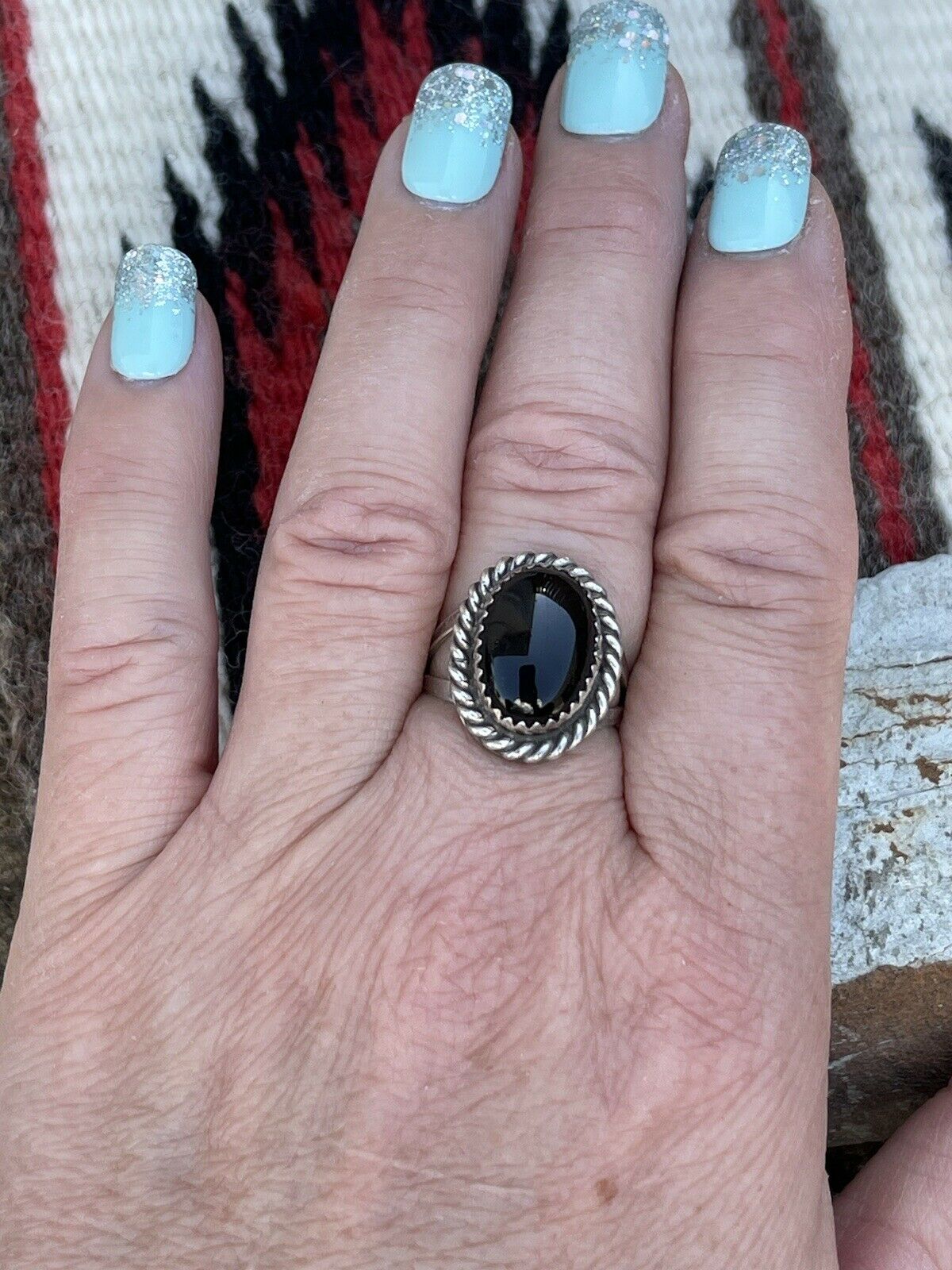 Navajo Sterling Silver Black Onyx Rope Style Ring