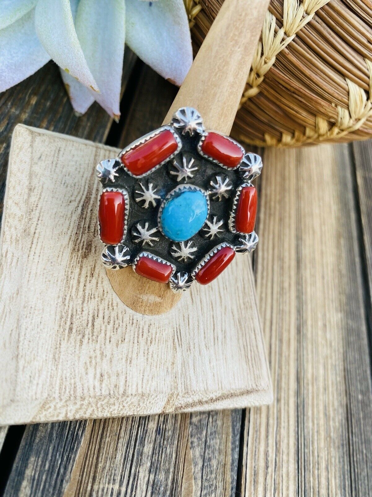 Navajo Turquoise, Coral & Sterling Silver Ring Size 9