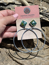 Load image into Gallery viewer, Navajo Tibetan Turquoise &amp; Sterling Silver Dangle Hoop Earrings