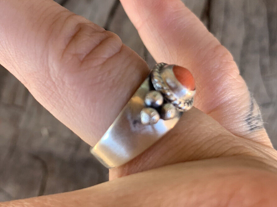 Navajo Natural Coral Sterling Silver Braided Edge Band Ring Stamped Sterling