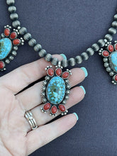Load image into Gallery viewer, Navajo Sterling Kingman Turquoise Natural Red Coral Necklace Taos Collection