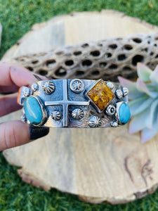 Navajo Multi Stone & Sterling Silver Bangle Bracelet Signed