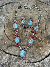 Load image into Gallery viewer, Navajo Sterling Kingman Turquoise Natural Red Coral Necklace Set Taos Collection