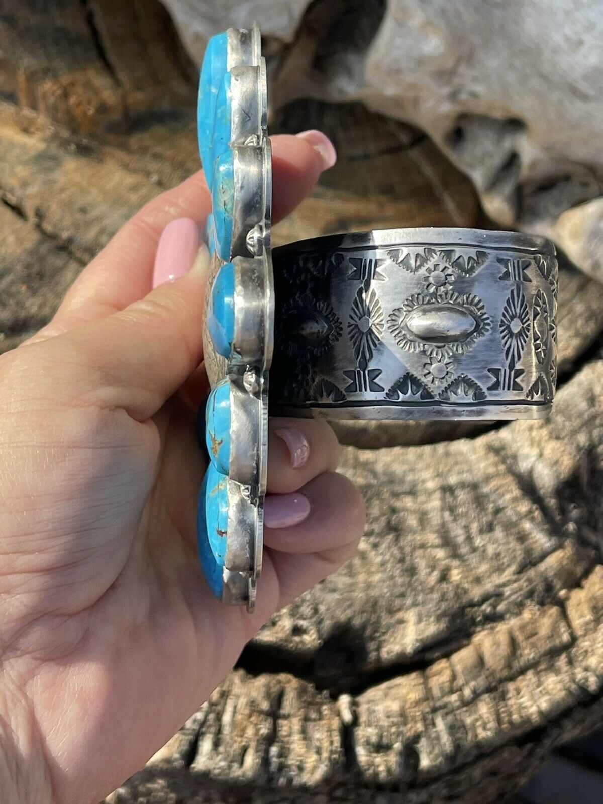 Gorgeous Navajo Sterling Silver Coin & Kingman Turquoise Bracelet Cuff