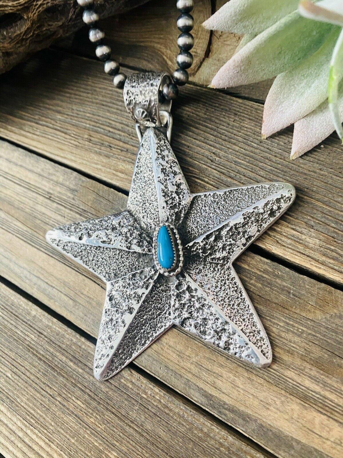 Navajo Turquoise & Sterling Silver Tufa Cast Star Pendant