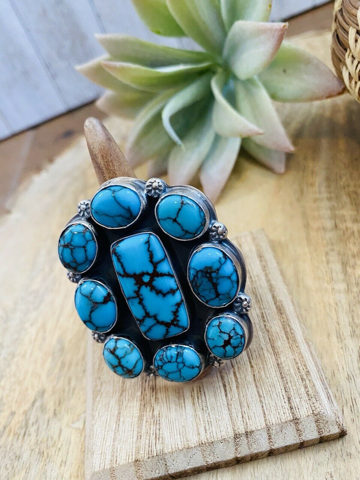 Navajo Kingman Turquoise & Sterling Silver Adjustable Ring Signed