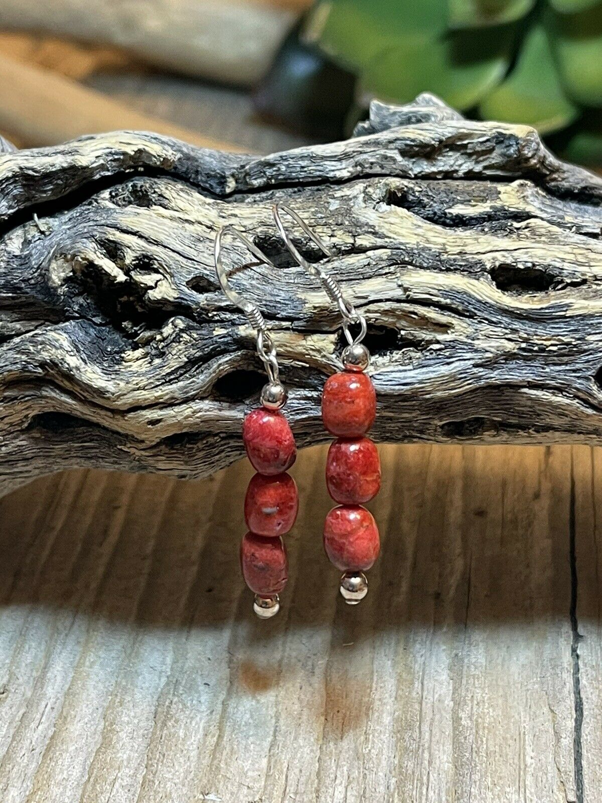 Navajo Sterling Silver 3 Stone Apple Coral Dangle Earrings