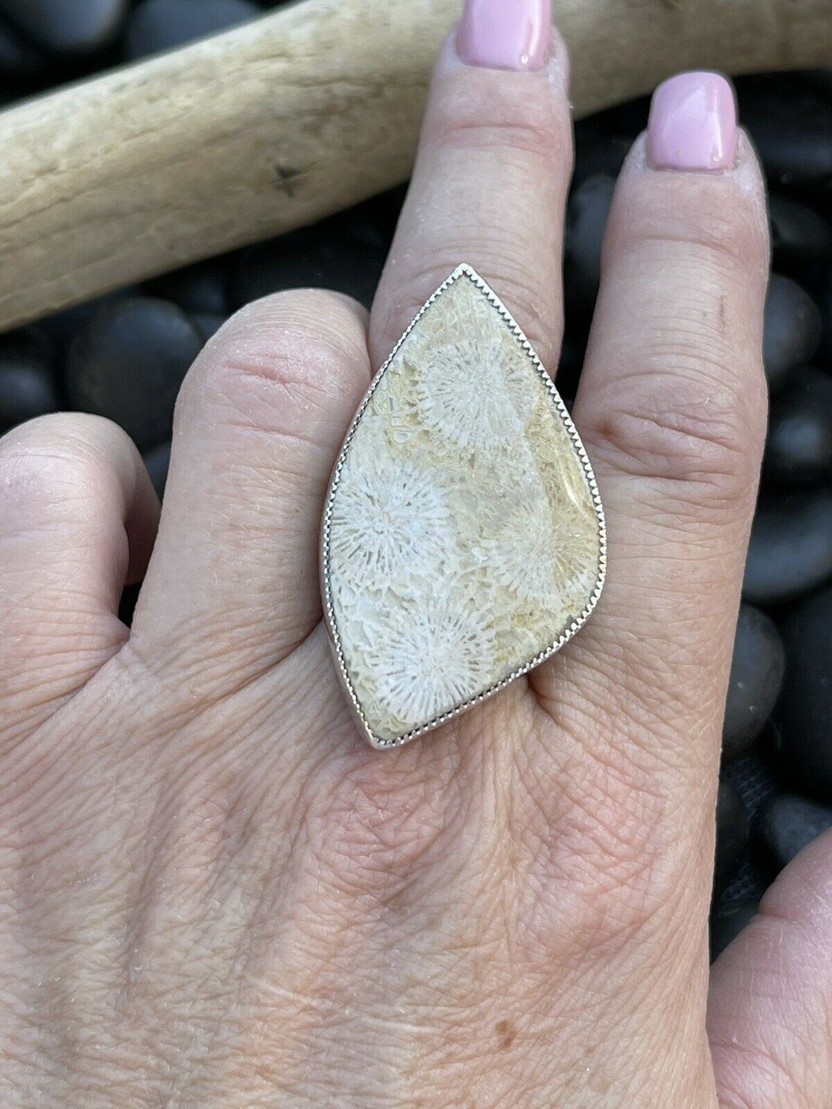 Navajo Fossilized Coral & Sterling Silver Adjustable Ring Signed