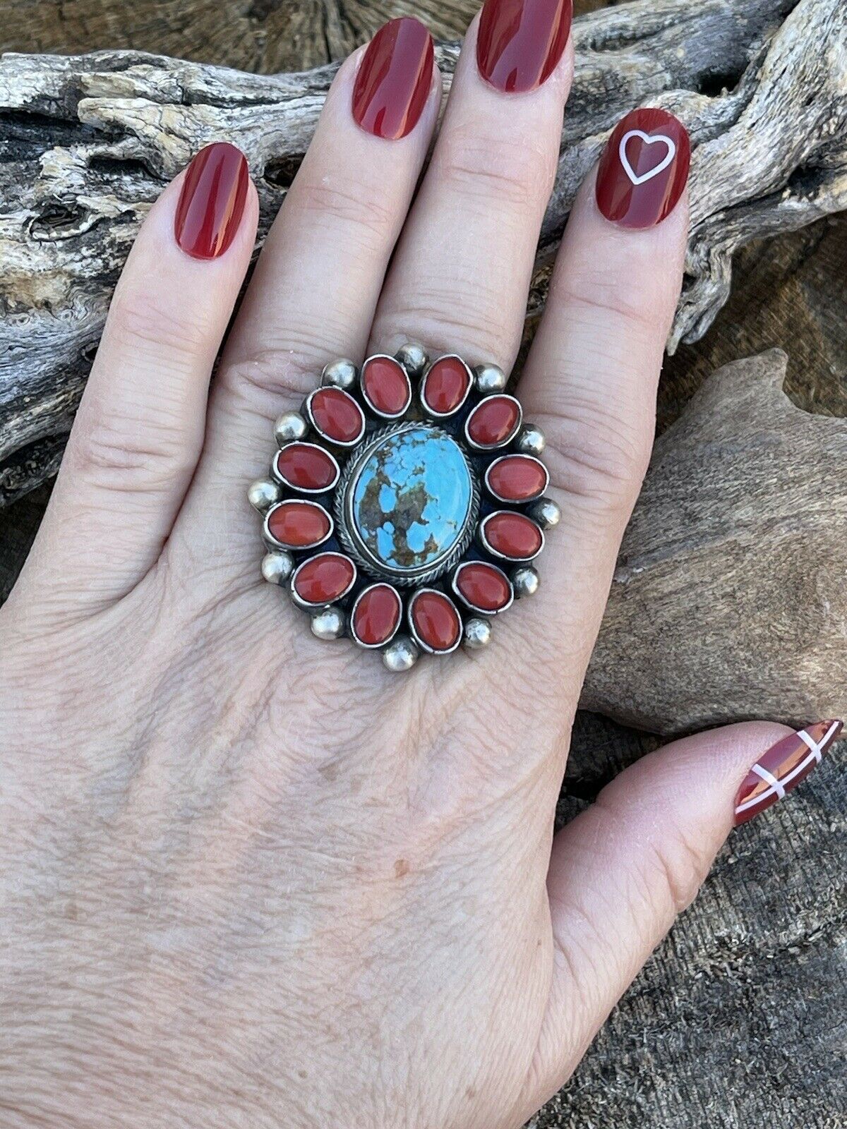 Navajo Sterling Silver Kingman Web Turquoise & Red Coral Taos Ring Sz 8