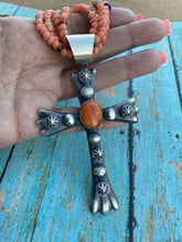 Load image into Gallery viewer, Navajo Sterling Silver &amp; Orange Spiny Shell  Cross Pendant Chimney Butte
