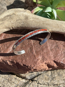 Navajo Sterling Silver & Red Coral Cuff Bracelet Signed