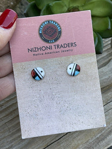 Zuni Sun Face Multi Stone Circle And Sterling Stud Earrings