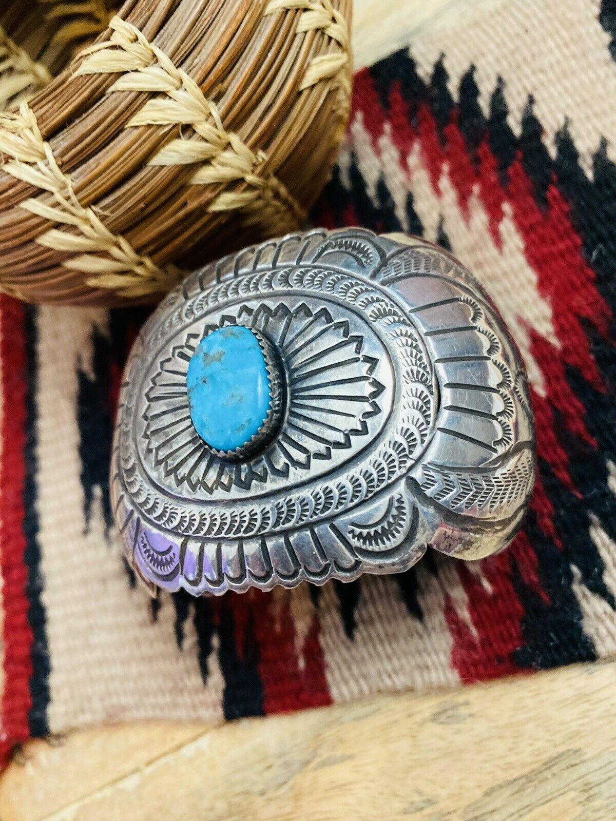 Vintage Navajo Turquoise & Hand Stamped Sterling Silver Cuff Bracelet