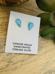 Zuni Sterling Silver And Turquoise Inlay Tear Drop Stud Earrings