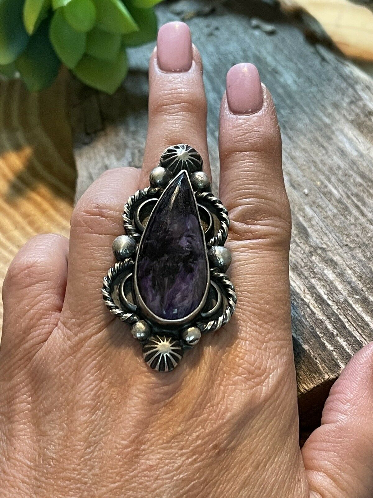 Navajo Purple Charoite & Sterling Silver Statement Ring Size 8 Signed